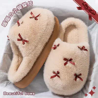 Women Bow Bowled Soft Slippers Winter Warm