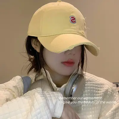Women Distressed Baseball Cap Tan with Letter Embroidery