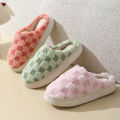 Women Pink Floral Cotton Slippers Winter Warm Non-Slip
