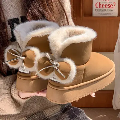 New Thick-Soled Heightening Fur-Knot Bow Cotton Boots for Women in Winter New Velvet Warm Anti-Slip Couple Snow Boots for Men