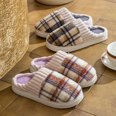 Retro Plaid Cotton Slippers Women Winter Warm