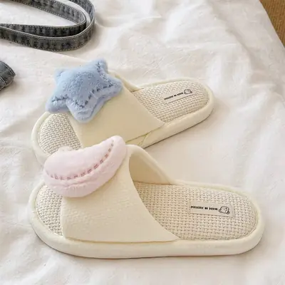 Cute Star Moon Linen Slippers for Women
