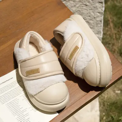 Women Velvet Velcro Winter Slippers Cream