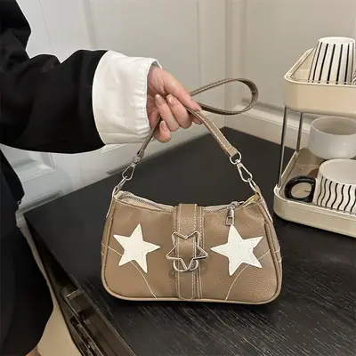 Women Star Print Shoulder Bag Beige Leather
