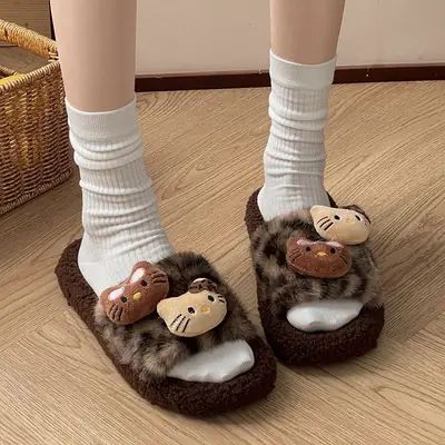 Autumn and Winter Cute Cartoon Kitty Cotton Slippers for Women at Home Non-Slip Internet Celebrity Fashion Leopard Print Furry Slippers for Women to Wear Outside