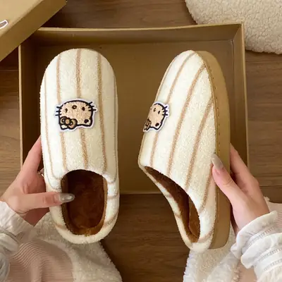 Women Cotton Striped Slippers Winter Warm Indoor