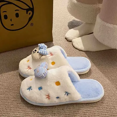 Winter Cartoon Bow Bear Cotton Slippers for Girls