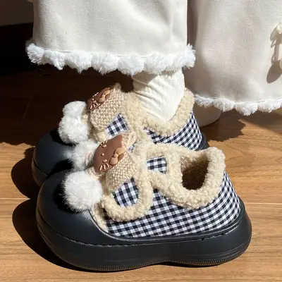 Brown Cat Ear Snow Boots Soft Soled Warm Fur Ball