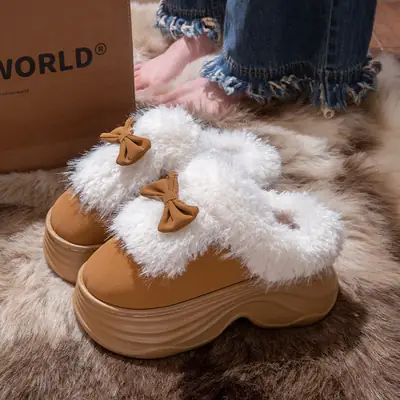 Women's Bow Fluffy Slippers Winter Warm Non-Slip