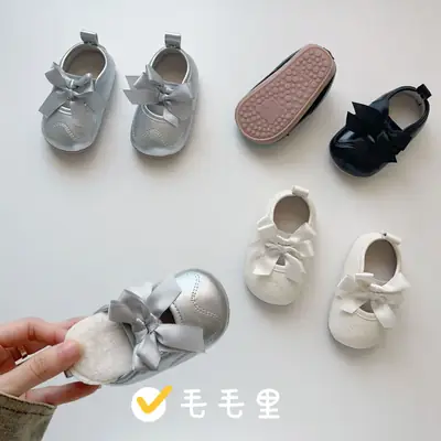 0-2 Years Old Winter Cute Baby Toddler Shoes with Fleece Lining, Warm Rubber Sole, Non-Slip Soft Sole, Bowknot, Korean Style Baby Shoes