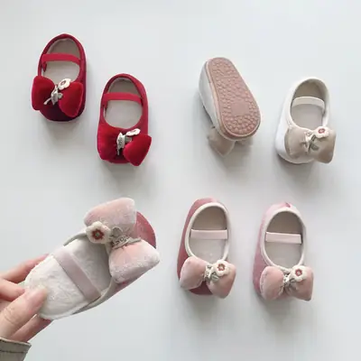 Winter New Baby Toddler Shoes Fleece-Lined to Heattech Girls Korean Bubble Bow Small Scoop Shoes Velvet Small Flats