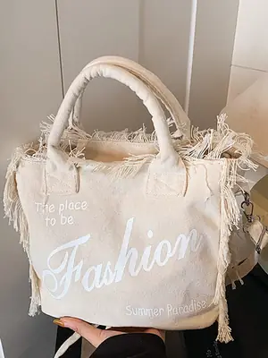 2025 Women's Tassel Beach Bag with "Fashion" Print