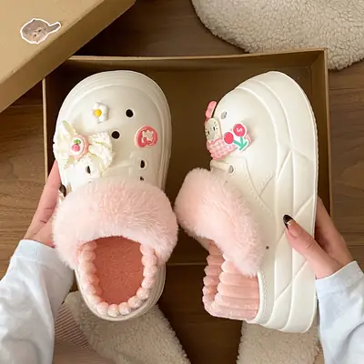 Warm Heart Cat Toe Cap Slippers for Girls Winter