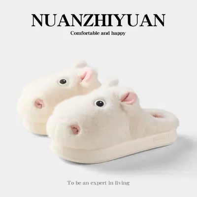 Qidan Shoe Factory Cute Cotton Slippers for Women Autumn and Winter Indoor Home Thick-Soled Non-Slip Plus Velvet Warm Furry Slippers for Women