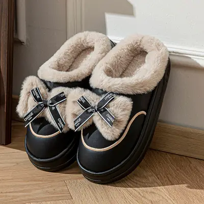 Bow-Knot Cotton Slippers for Women, Home Cotton Slippers for Women, Plus Velvet Cotton Slippers for Men, Warm Shoes, Confinement Shoes, Women's Toe-Toe Slippers