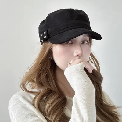 Korean Style Suede Black Duckbill Cap for Women Large Head Circumference