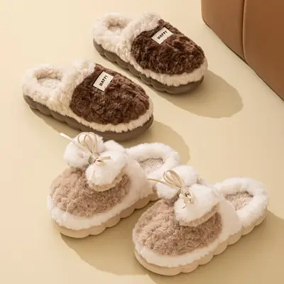 Women Furry Bow Knot Slippers Winter Warm Non-Slip