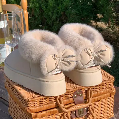 Winter Bow Knot Plush Cotton Slippers for Women