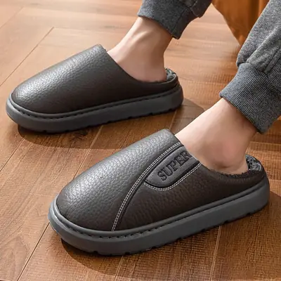 New Winter Leather Slippers Non-Slip Warm Indoor