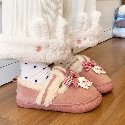 Women's Cartoon Fluffy Slippers Black White Winter Boots