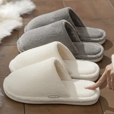 Men's White Cotton Winter Slippers Non-Slip Indoor