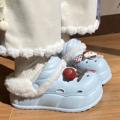 Women Cartoon Rose Puppy Cotton Slippers Light Blue