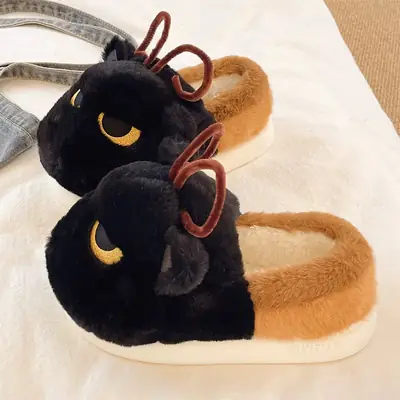 Winter Cat Cat Slippers Black Soft Fleece Lined