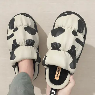 Cow Print Thick Soled Cotton Slippers Black White