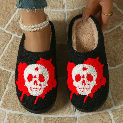 Halloween Skull Cotton Slippers for Men Women Winter Warm