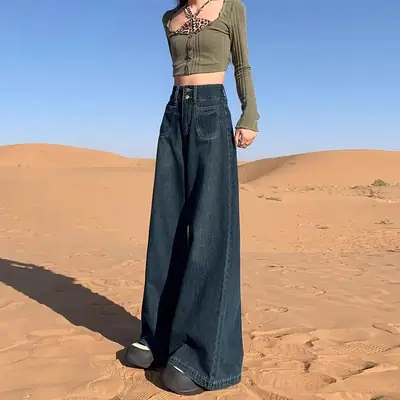 Dark Blue Wide Leg Jeans for Women Autumn Winter