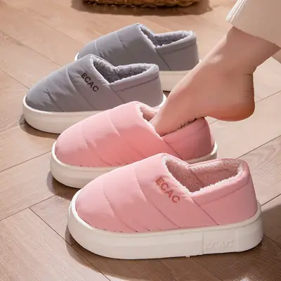 Down Cloth Waterproof Cotton Slippers for Women in Autumn and Winter New Style for Couples to Wear at Home and Outside, Non-Slip Fleece-Lined Thickeneded Warm Shoes for Men