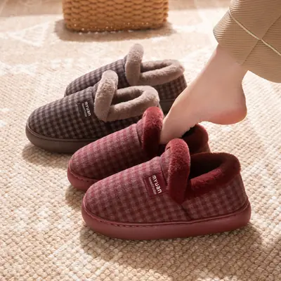 Elderly Women's Plush Cotton Slippers Brown Checkered