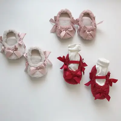 Baby Toddler Shoes 2026 Imitation Lamb Wool Plush Baby Shoes with Ribbon Bow and Soft Sole Baby Shoes