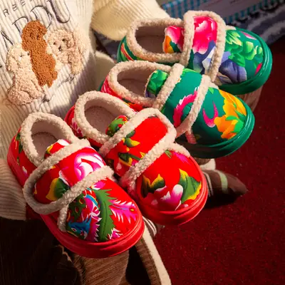 Northeastern Large Flower Thick-Soled Furry Shoes for Women in Winter New Style Fleece-Lined Thick-Soled Non-Slip Outer Wear Festive New Year Warm Cotton Shoes