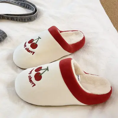 Cute Bear Embroidered Fleece Slippers Women Winter Baotou