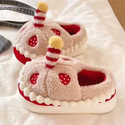Winter Cotton Slippers for Women to Wear Outside, Cute Strawberry Cake Indoor Home Thick-Soled Non-Slip Warm Plush Bag Heel Cotton Shoes