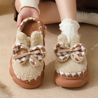 Women Fleece Bow Slippers Black Brown Non Slip