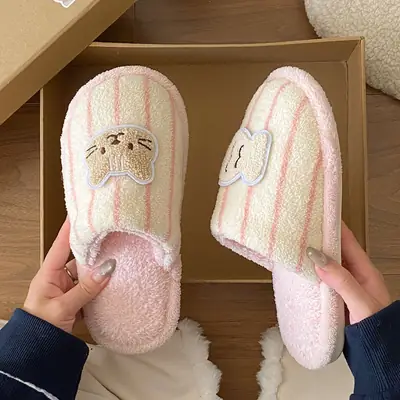 Winter Furry Cat Embroidered Flats for Women