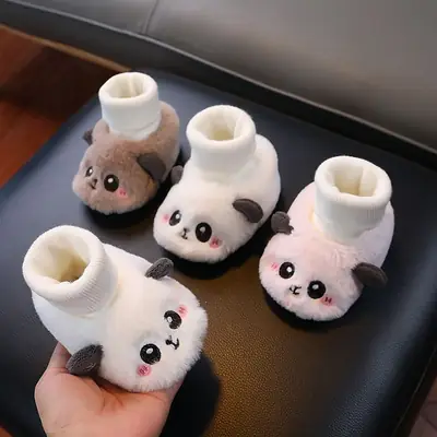 Autumn and Winter Baby Socks and Shoes with Velvet and Thickeneded Foot Protection to Keep Baby Toddler Shoes Cartoon Panda Soft Bottom Non-Slip and Non-Falling