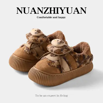 Qidan Shoe Factory Winter Cotton Slippers for Women Indoor Home Fleece-Lined Warm Thick Sole Non-Slip Outer Wear Bag Heel Cotton Shoes for Women Winter