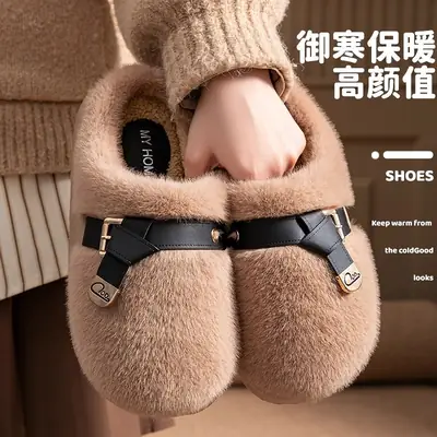 2025 New Style Half-Covered Toe Fashion Leather Buckle Furry Slippers New Autumn and Winter Retro Plush Cotton Shoes Half-Covered Toe Slippers