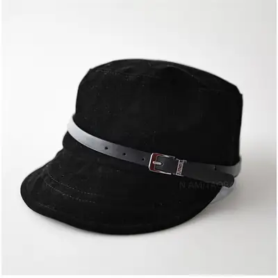 Black Suede Peaked Cap for Women with Buckle