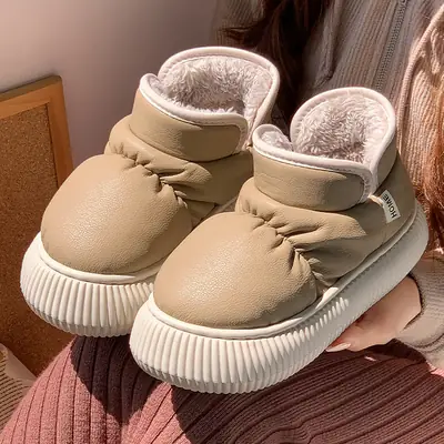 Brown Velvet Cross-Boat Snow Slippers for Women