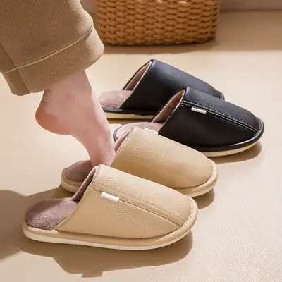 Autumn and Winter Pu Leather Slippers Leather Waterproof Anti-Slip Couple Home Warm Cotton Slippers Men and Women Home Shoes Floor Mops