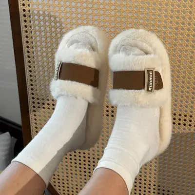 Mingsheng 2025 New Autumn and Winter Thick Plush Open-Toe Slippers Foreign Trade Fashion Lazy Open-Toe Flat Cotton Slippers