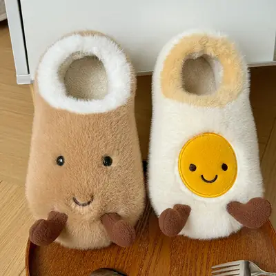 Nanbowan Cute Fried Egg Cotton Slippers Women's Winter Home Indoor Velvet Warm Thick-Soled Anti-Slip Furry Slippers
