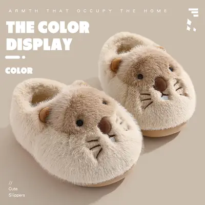 Cute Hamster Warm Cotton Slippers for Women, Cartoon Winter Indoor Soft-Soled Closed-Toe Furry Cotton Slippers for Women Wholesale