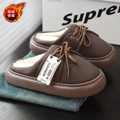 Men's Winter Cotton Slippers for Outdoor Wear, Fleece-Lined, Thickened, Warm, Closed-Toe, College Style, Thick-Soled, Trendy Slippers