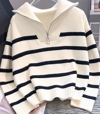 Women's Zippered Striped Hoodie Winter Warmth