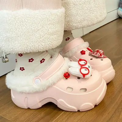 Pink Furry Student Slippers Women Winter Warm